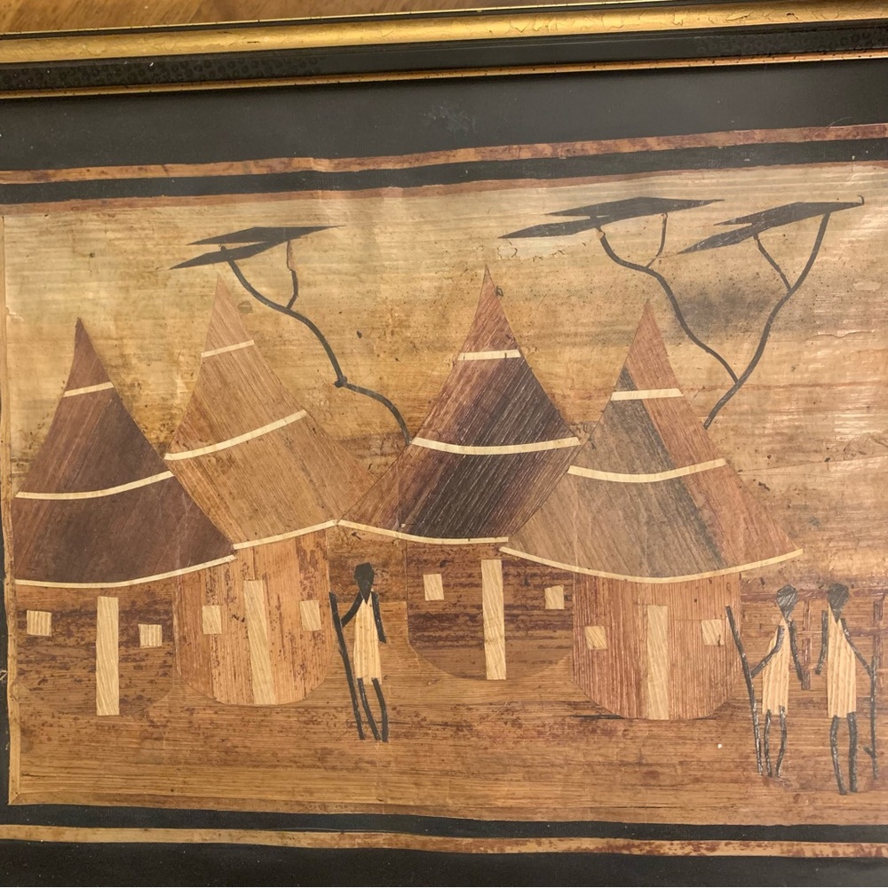 African Marquetry Rare Inlaid Wood Picture of Workers’ Hut w/Trees and Mountains - Picture 3 of 11